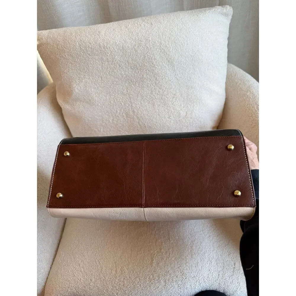 Wilsons Satchel Handbag Women's Cream/Brown/Black Leather MultiColor Colorblock